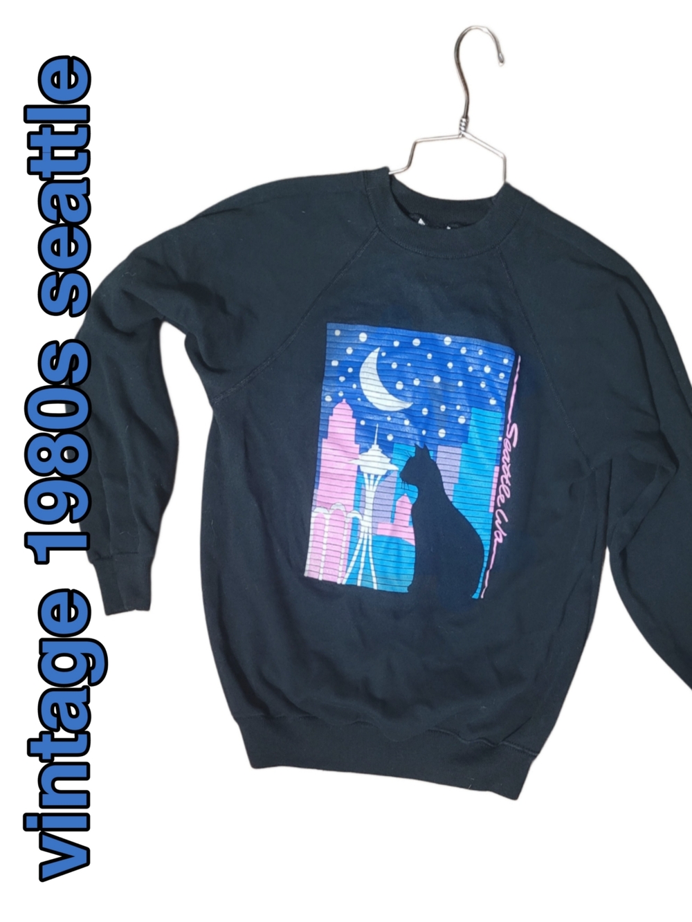 Vintage 1980s Womens Seattle Sweatshirt w Night Cat Graphic